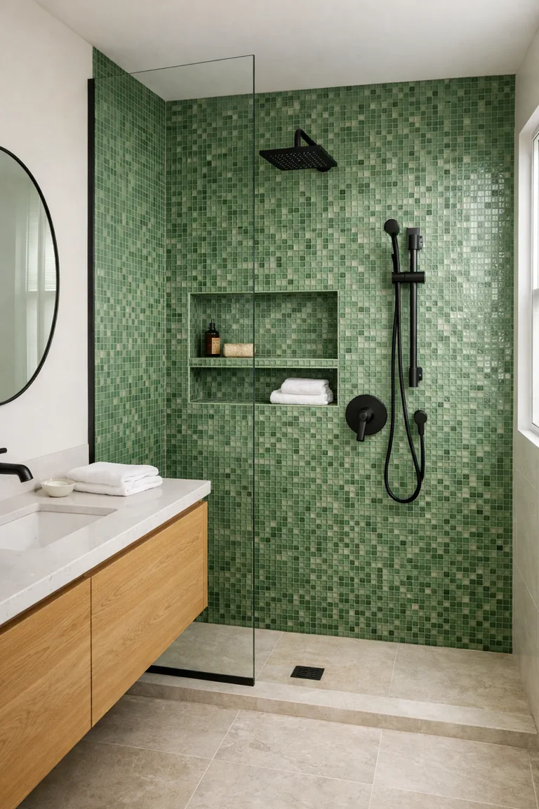 Bathroom with a walk-in shower featuring a full-height green mosaic tile feature wall and a matching tiled shower niche, plus a light oak floating vanity with a white countertop and matte black fixtures.