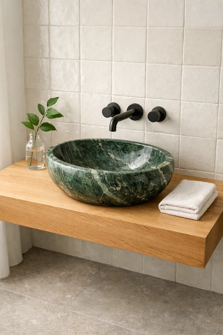 A green veined stone vessel sink on a light oak floating vanity with a matte black wall-mounted faucet, set against off-white textured tile in soft daylight.