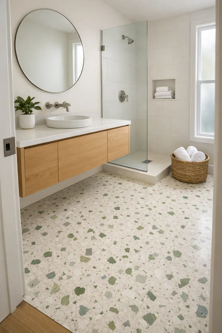 Bathroom with green-flecked terrazzo flooring, a floating light oak vanity with white countertop, round mirror, and a glass walk-in shower in soft daylight.