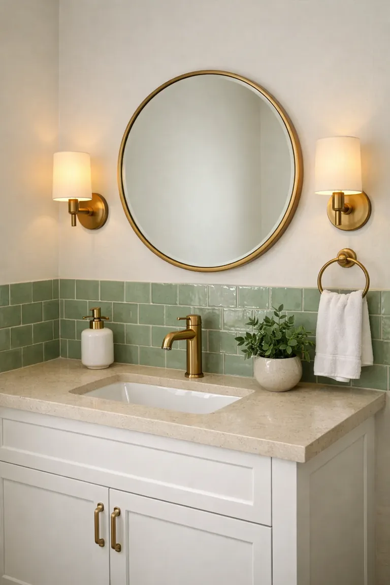 White vanity with a beige stone countertop and brass faucet, backed by a short green textured tile backsplash behind the sink, with a round brass-framed mirror and warm sconces.