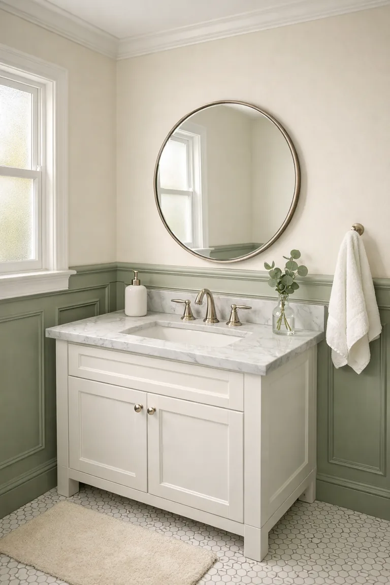 A bathroom with sage-green wainscoting, off-white walls above, a white vanity with a marble top, a round mirror, and white hex tile flooring lit by soft window light.
