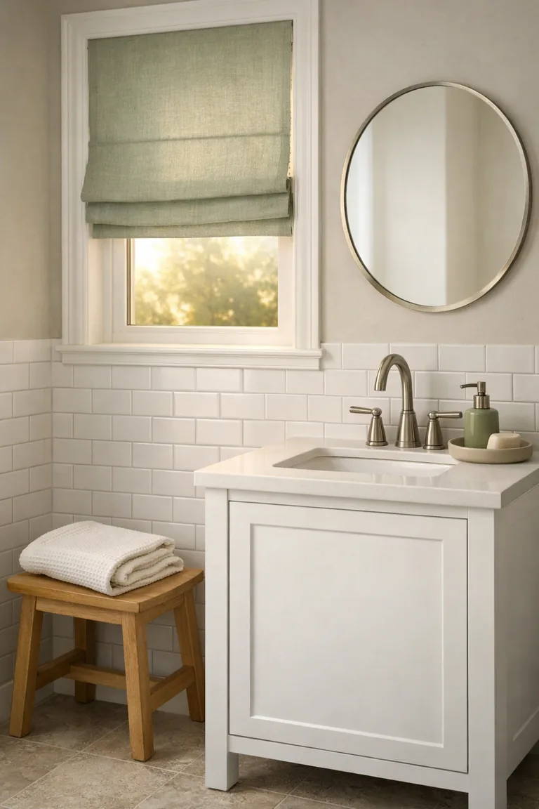 A bright bathroom with a white vanity and a window dressed in a sage-green linen Roman shade, white subway tile wainscoting, and brushed nickel fixtures.
