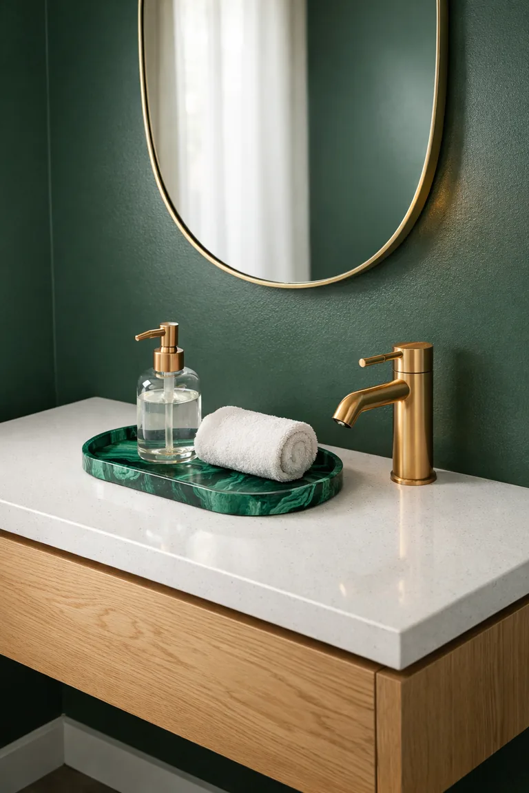 Modern green bathroom vanity with a white oak floating cabinet, white quartz counter, brass faucet, oval mirror, and a malachite-pattern tray holding a glass soap dispenser and a rolled white towel.