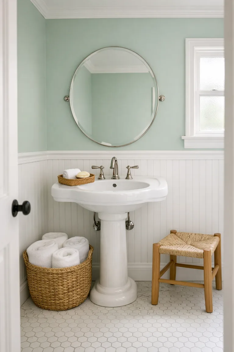 A mint green bathroom with white trim, a white pedestal sink, a round mirror, a woven basket of white towels, and a white hex tile floor lit by soft window light.