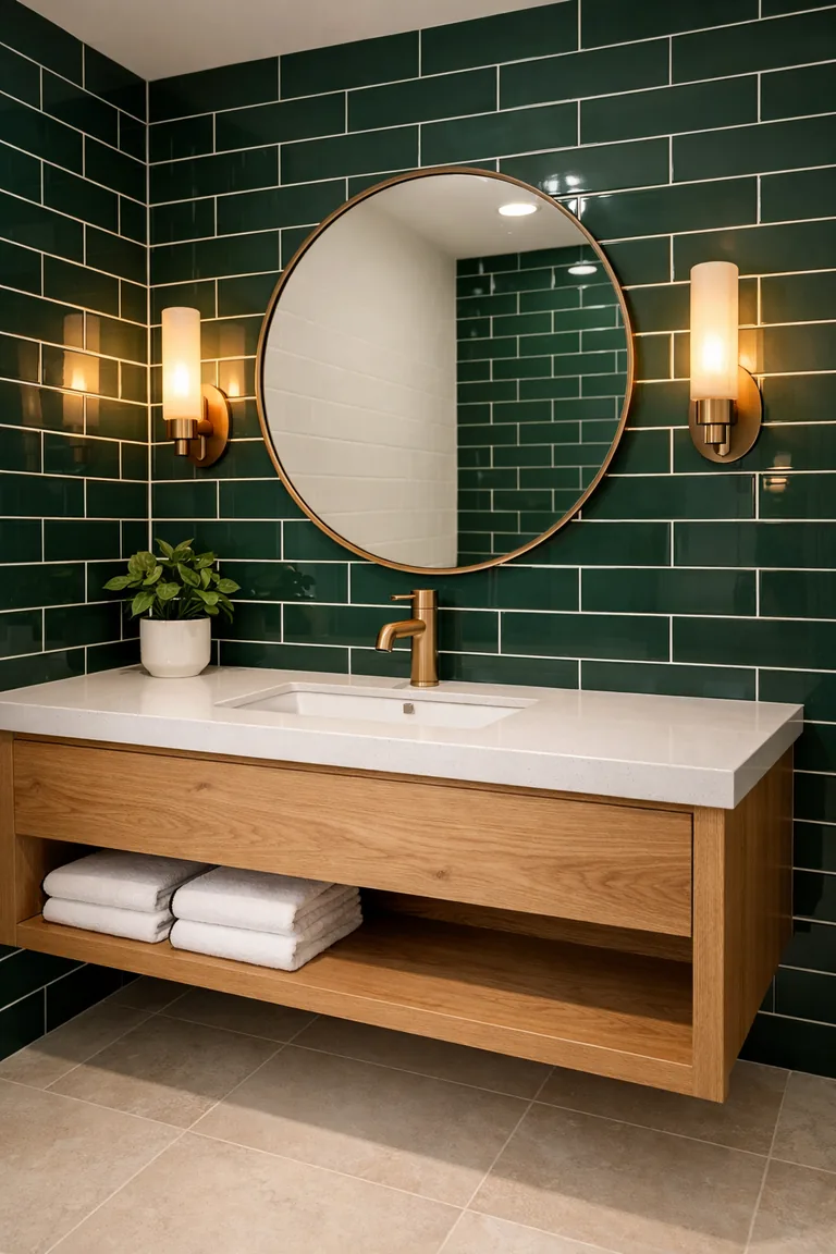 Floating oak vanity with a white quartz top and sink set against glossy deep emerald subway tiles with white grout, a round frameless mirror, brass faucet, warm wall sconces, and a pale limestone floor.