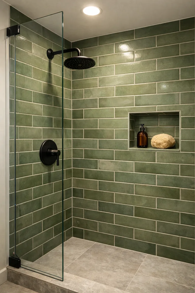 A shower with mossy green subway wall tiles in varied tones, matte black fixtures, a frameless glass panel, light gray stone-look floor tile, and a small tiled niche with an amber bottle and a loofah.
