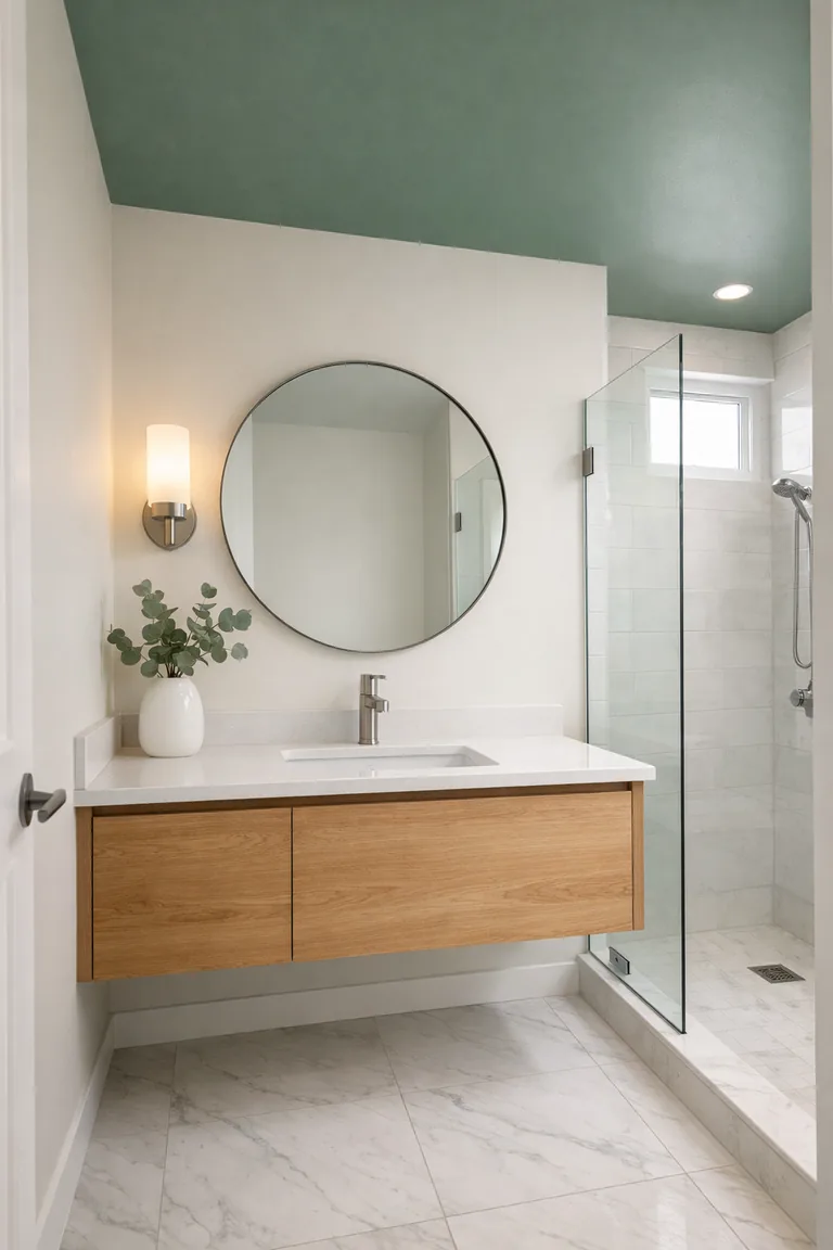 Bathroom with a deep sage-green ceiling, warm-white walls, a floating light oak vanity with a white countertop, a round mirror, brushed nickel faucet, and a glass shower panel in the background.