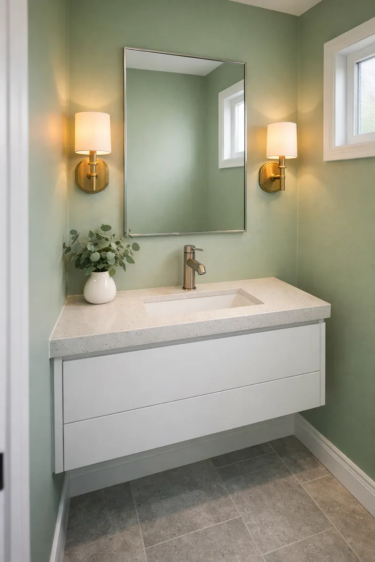 Small powder room with matte pistachio green walls, a white floating vanity with a light quartz top, brushed nickel faucet, frameless rectangular mirror, brass sconces, pale gray stone tile floor, and a white vase with eucalyptus near a frosted window.
