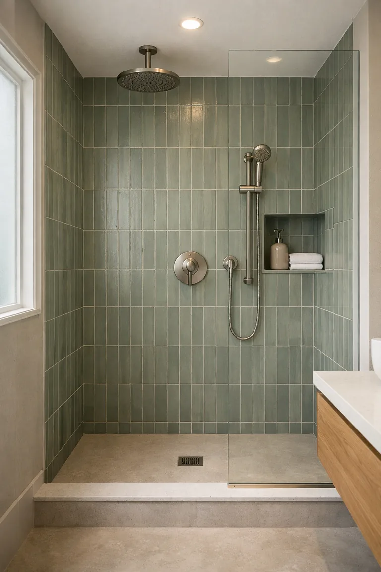 Walk-in shower with matte sage green vertical elongated subway tiles, clear glass panel, brushed nickel fixtures, and a light beige floor, lit by soft daylight.