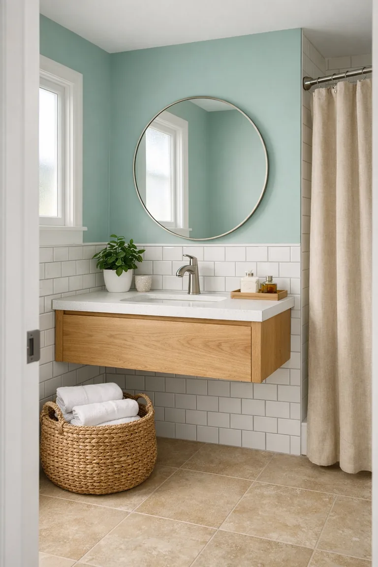 Bathroom with seafoam green walls, white subway tile wainscoting, a light oak floating vanity with a white countertop, round mirror, woven basket with white towels, and a sand-colored shower curtain in soft daylight.