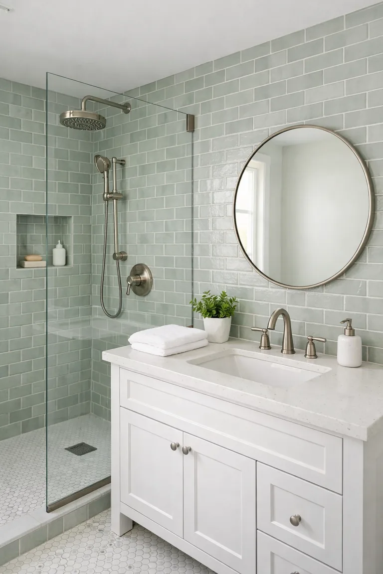 A bathroom with soft light green subway tile in the shower and behind a white vanity, featuring a glass shower panel, brushed nickel fixtures, a round mirror, and white penny tile flooring.