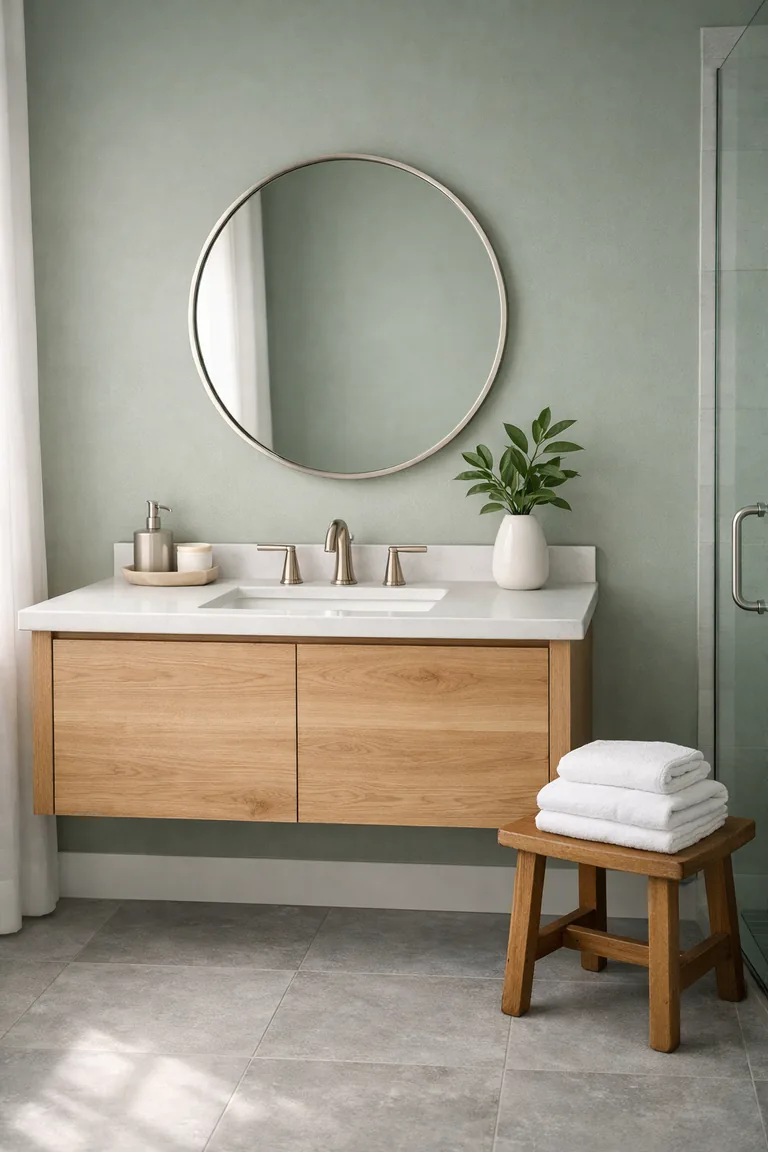 Bathroom with soft sage-green walls, a light oak floating vanity with white countertop, brushed nickel faucet and hardware, a round mirror, light gray floor tiles, and minimal decor including towels and a small plant.