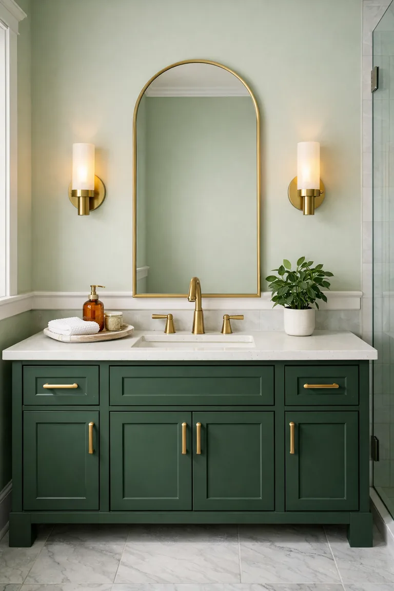 A bathroom with a dark forest-green vanity, pale sage-green walls, white quartz countertop, brass faucet and sconces, an arched brass-framed mirror, and light gray marble tile flooring.