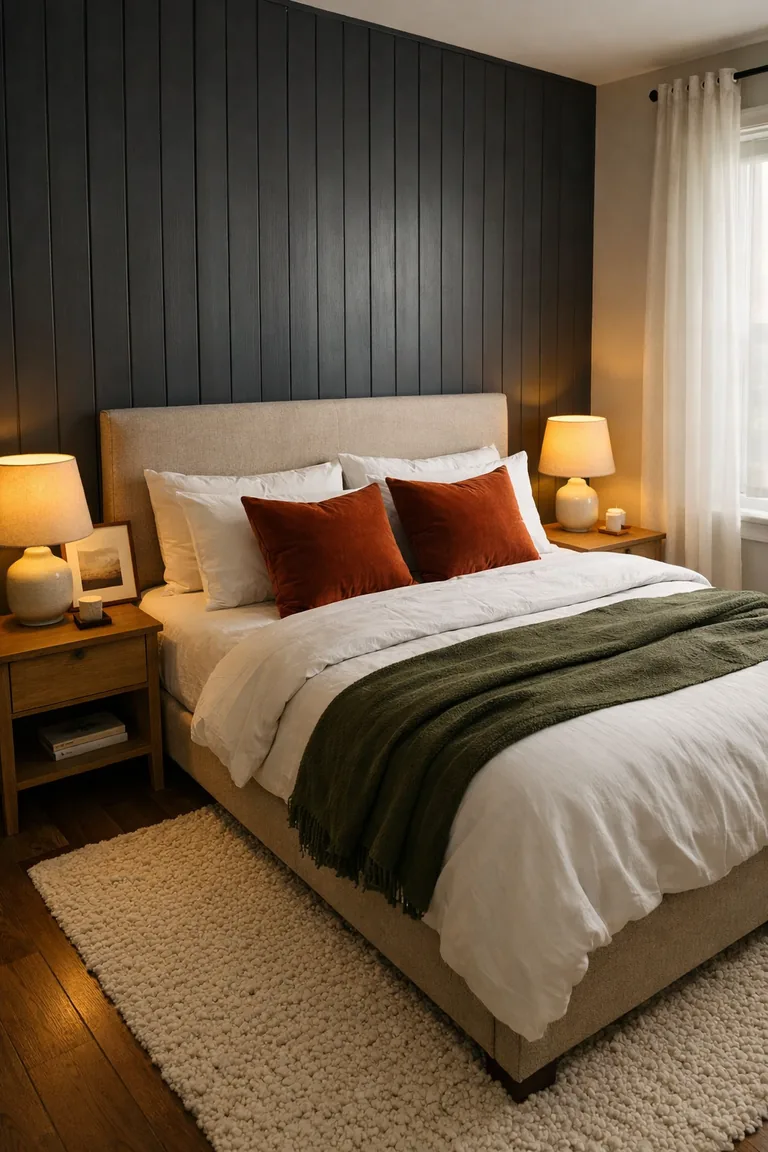 A bedroom with a deep charcoal accent wall behind a beige upholstered bed, layered white bedding with olive and rust accents, light oak nightstands with warm lamps, and an ivory rug on wood floors.