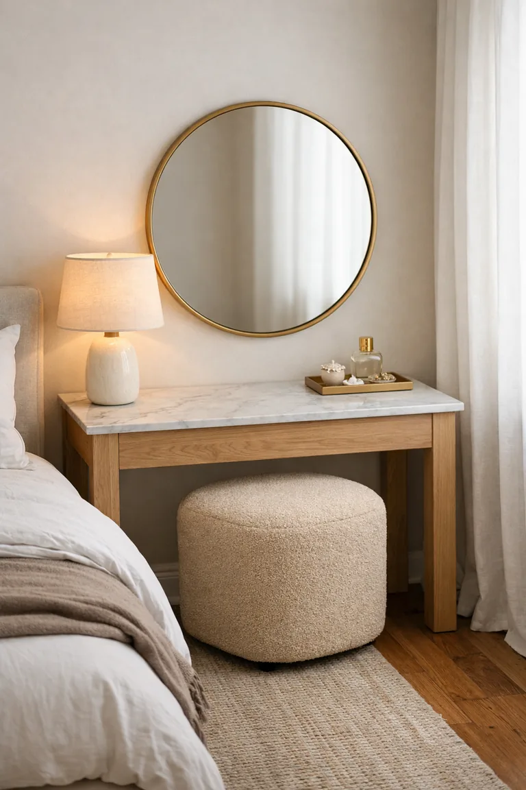 A small oak vanity with a marble top and round brass-framed mirror beside an upholstered bed, with a beige stool, a lit lamp, and sheer curtains nearby.