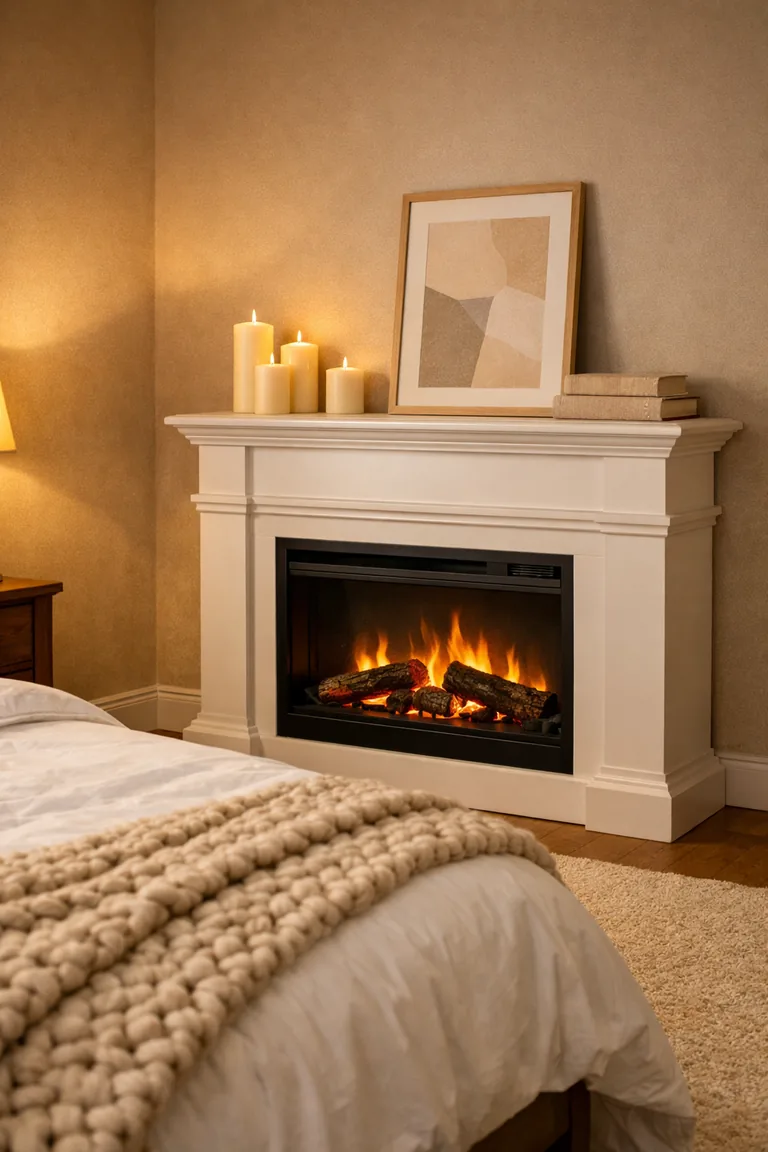 A bedroom corner with a small white faux fireplace and glowing electric insert, a mantel styled with candles, neutral books, and a framed abstract artwork, with the edge of a bed and beige knit throw in the foreground.