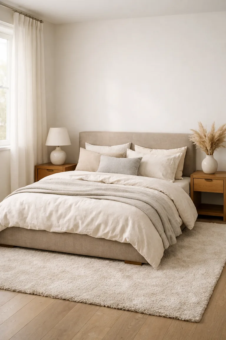 A neutral bedroom with warm white walls, a light taupe upholstered bed, creamy and beige layered bedding, oak nightstands, off-white curtains, a light beige rug, and a vase with dried pampas grass lit by soft morning light.