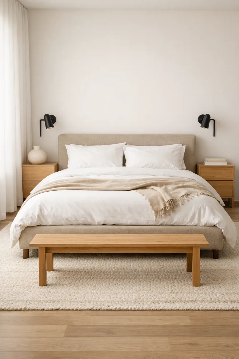A minimalist bedroom with a low upholstered bed, light oak nightstands, black wall sconces, an ivory rug, sheer white curtains, and a simple oak bench at the foot of the bed.