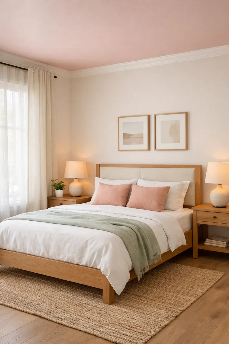 A cozy bedroom with a soft blush-painted ceiling, warm white walls, a light oak bed with white bedding, sage and blush accents, and warm lamp lighting.