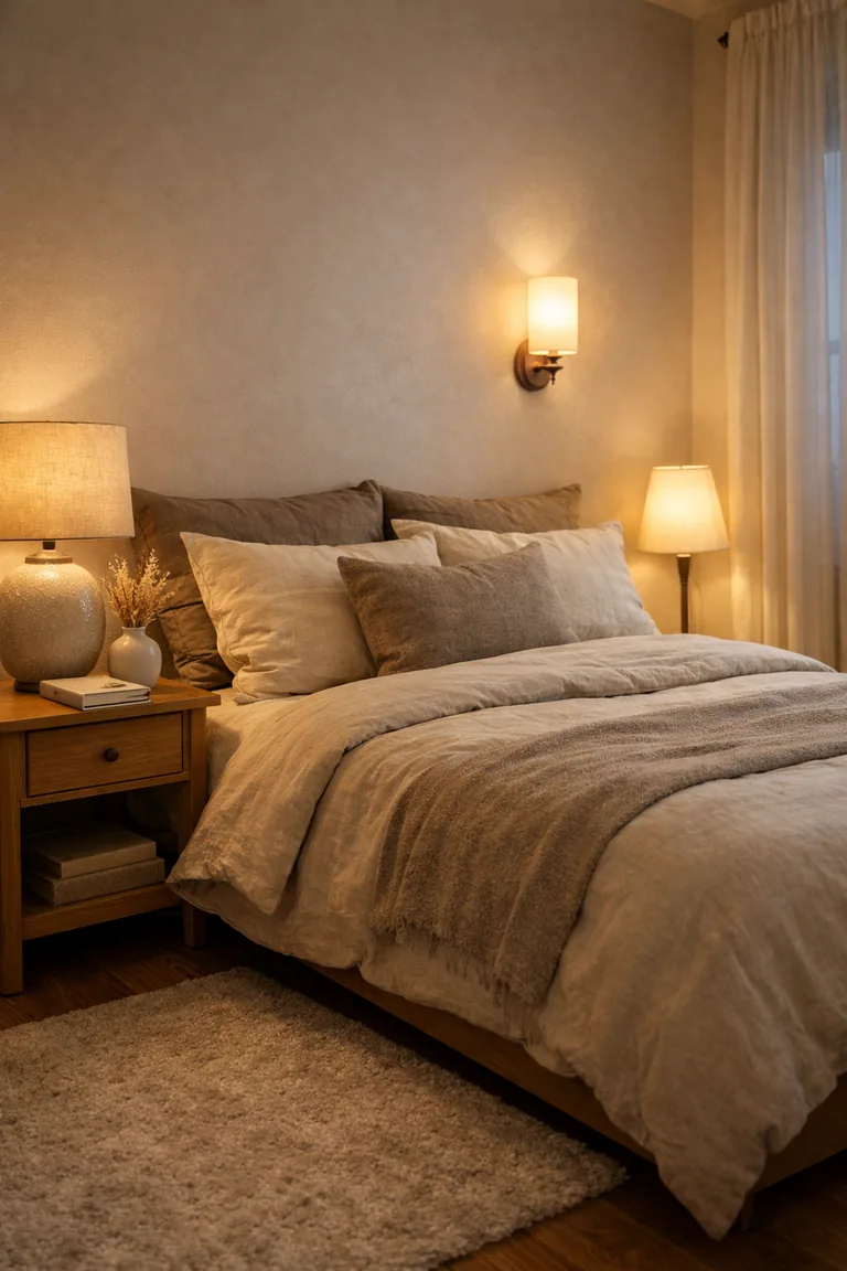A warm, softly lit bedroom with a made bed, a lit table lamp on a wood nightstand, a wall sconce, sheer curtains, and a neutral rug on wood floors.