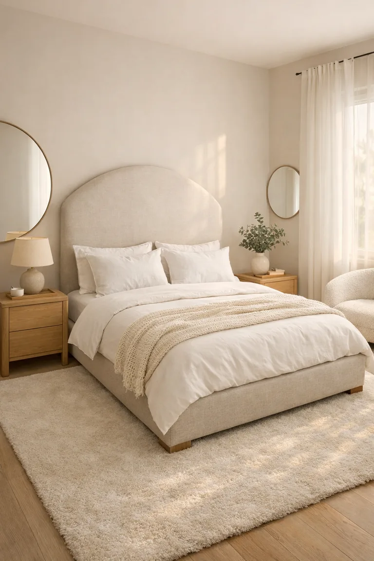 A neutral bedroom with an upholstered rounded-arch headboard, rounded oak nightstands, a large round wall mirror, and soft white bedding lit by warm light through sheer curtains.