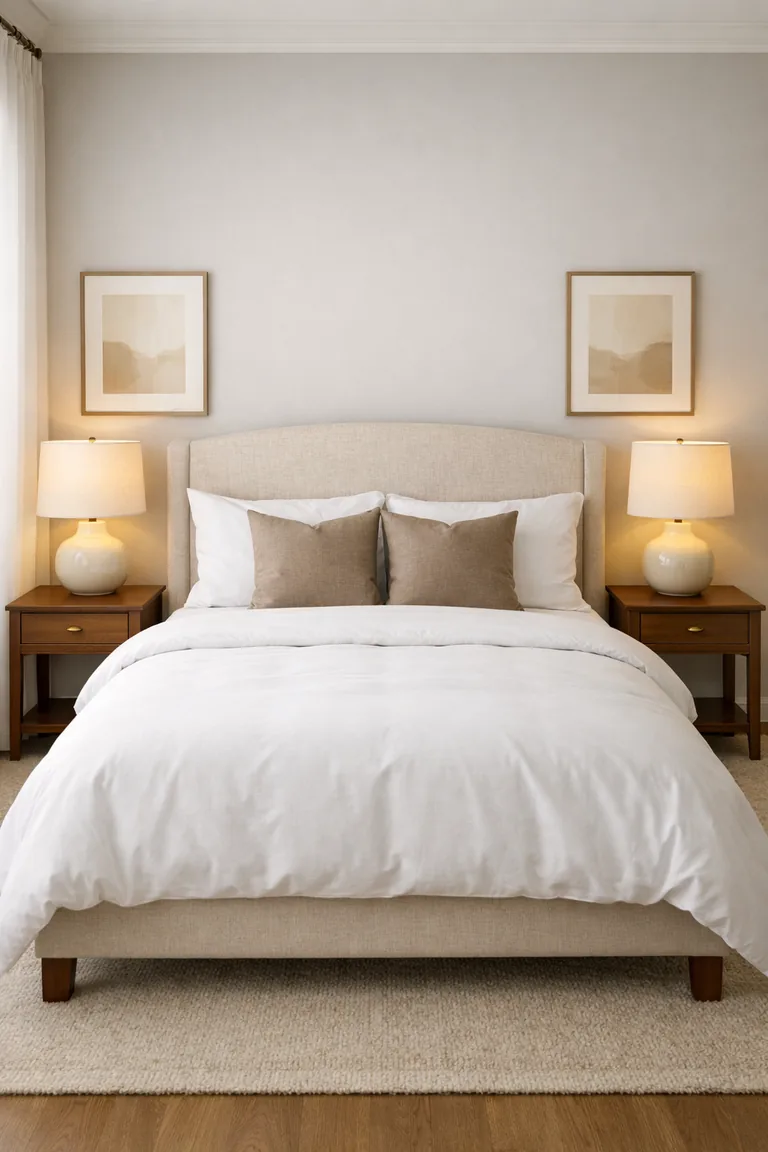 A centered bedroom view with a bed flanked by identical walnut nightstands and matching ceramic lamps glowing on both sides.