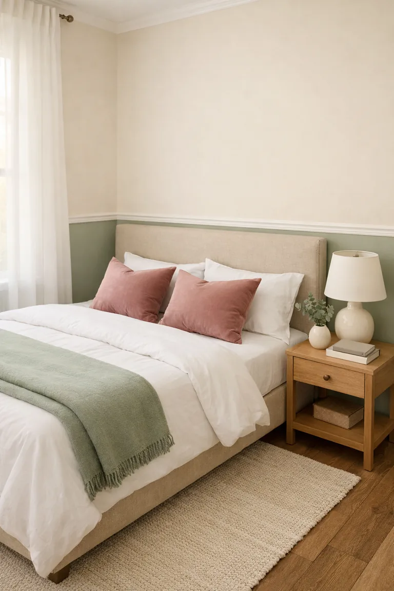 A bedroom with soft sage and cream two-tone walls, a beige upholstered bed with cream bedding, a sage throw, dusty-rose pillows, and a light oak nightstand beside a window with sheer white curtains.