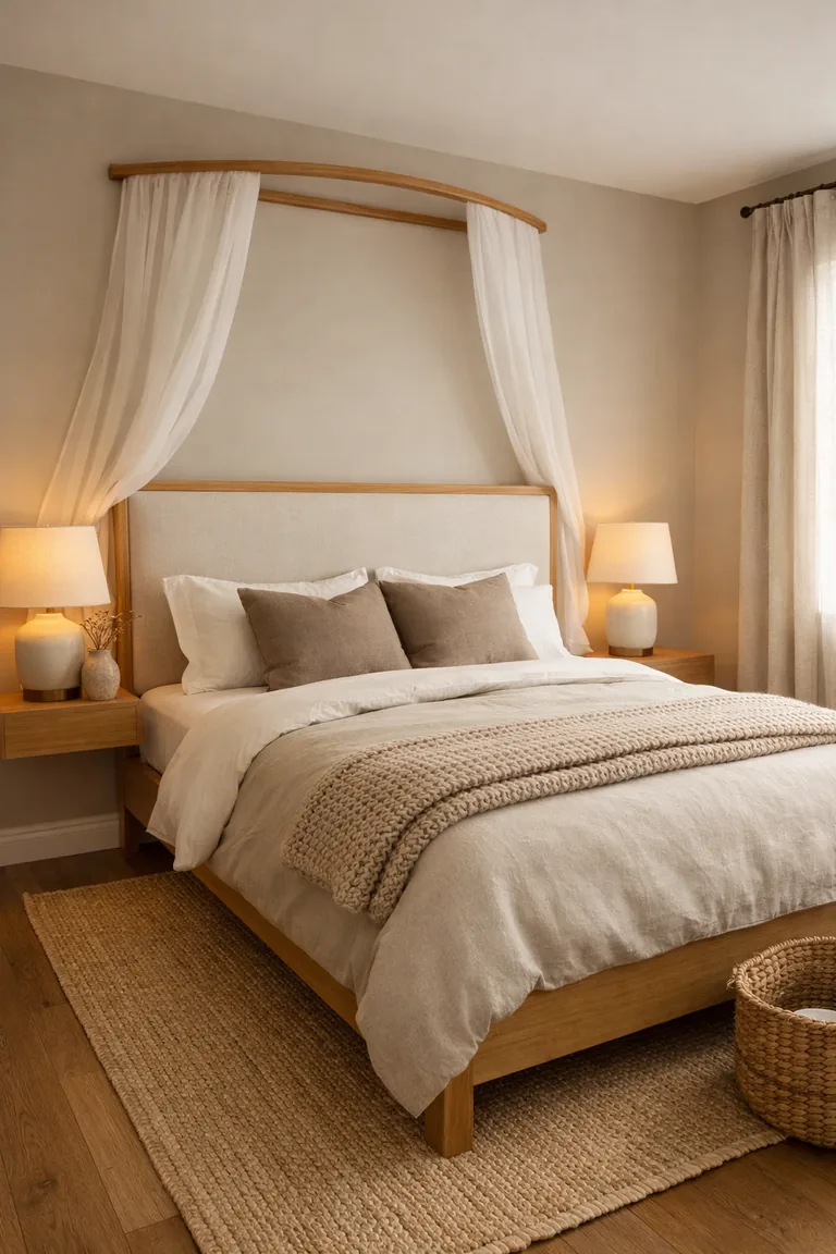 A neutral bedroom with a bed crown above an ivory upholstered headboard and sheer white fabric draped into a simple canopy over a light oak bed.