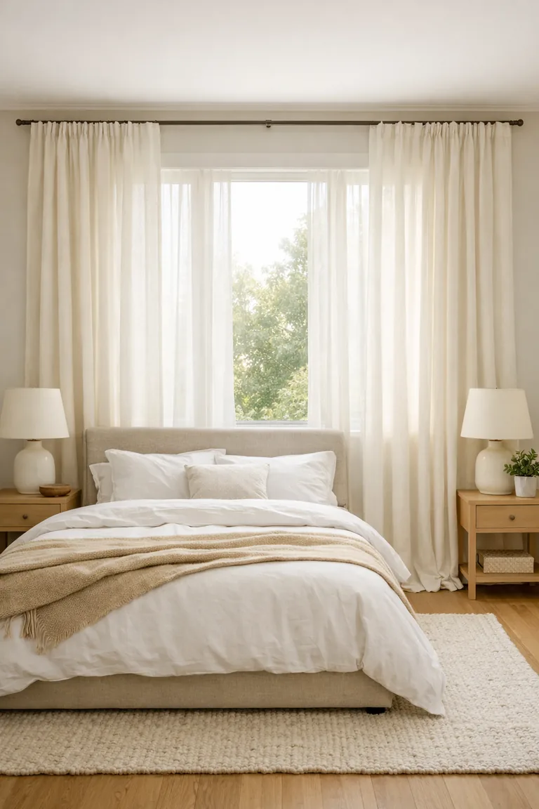 A neutral bedroom with a large window dressed in warm white floor-length curtains hung close to the ceiling on a wide rod that extends past the window frame.