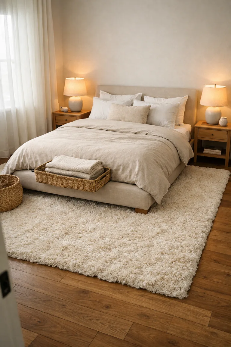 A cozy bedroom with a large ivory plush rug on hardwood floors beneath a beige upholstered bed, with oak nightstands, ceramic lamps, and sheer curtains filtering daylight.
