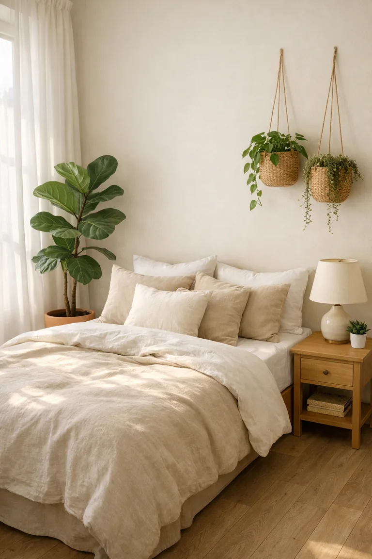 A neutral bedroom with a bed in light linen bedding, a tall fiddle-leaf fig in a terracotta pot, two hanging planters with trailing greenery, and a nightstand with a lamp and small plant in soft window light.