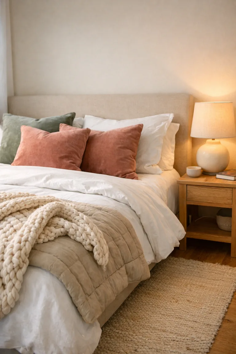 A made bed with brushed white cotton bedding, velvet pillows in muted sage and dusty rose, and a cream knit throw, beside a light oak nightstand with a glowing ceramic lamp.