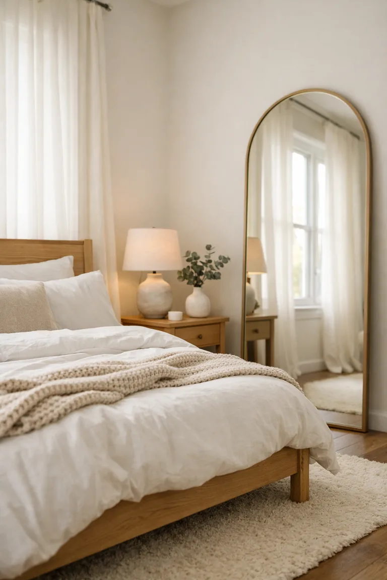 A serene bedroom with an arched floor mirror leaning against a white wall near a window with sheer curtains, reflecting soft natural light.