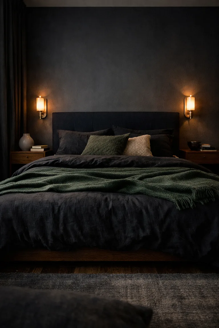 A dark, moody bedroom with charcoal walls, a navy upholstered headboard, black bedding with a forest green throw, walnut nightstands, and brass wall sconces glowing warmly.
