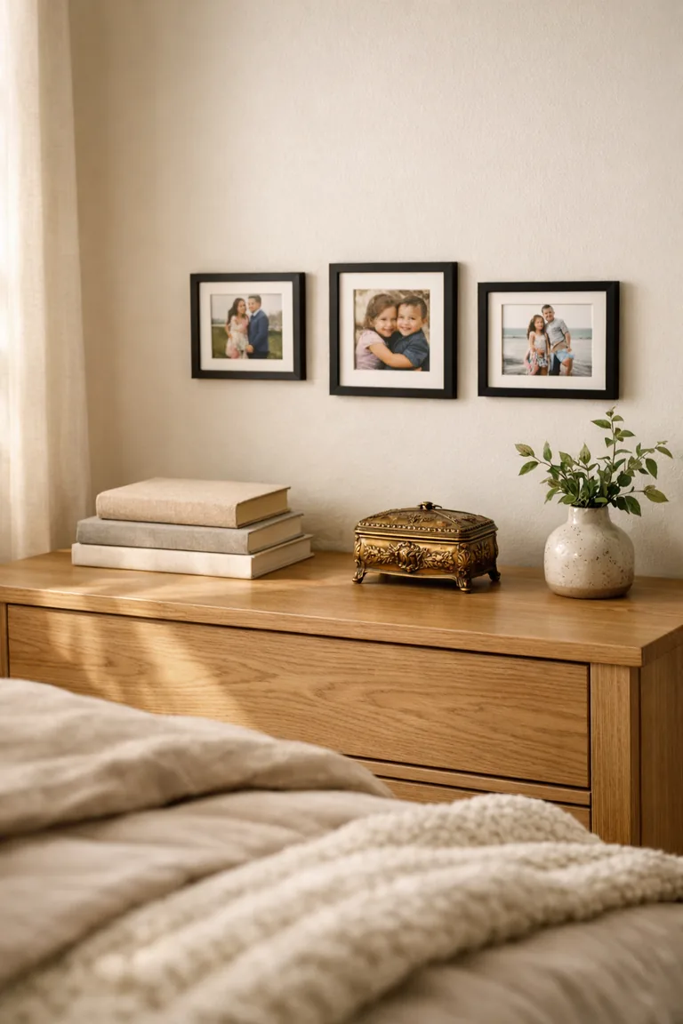 A light oak dresser styled with three small black-framed photos, a stack of neutral-colored books, and a vintage brass trinket box beside a small vase of greenery in a softly lit bedroom.
