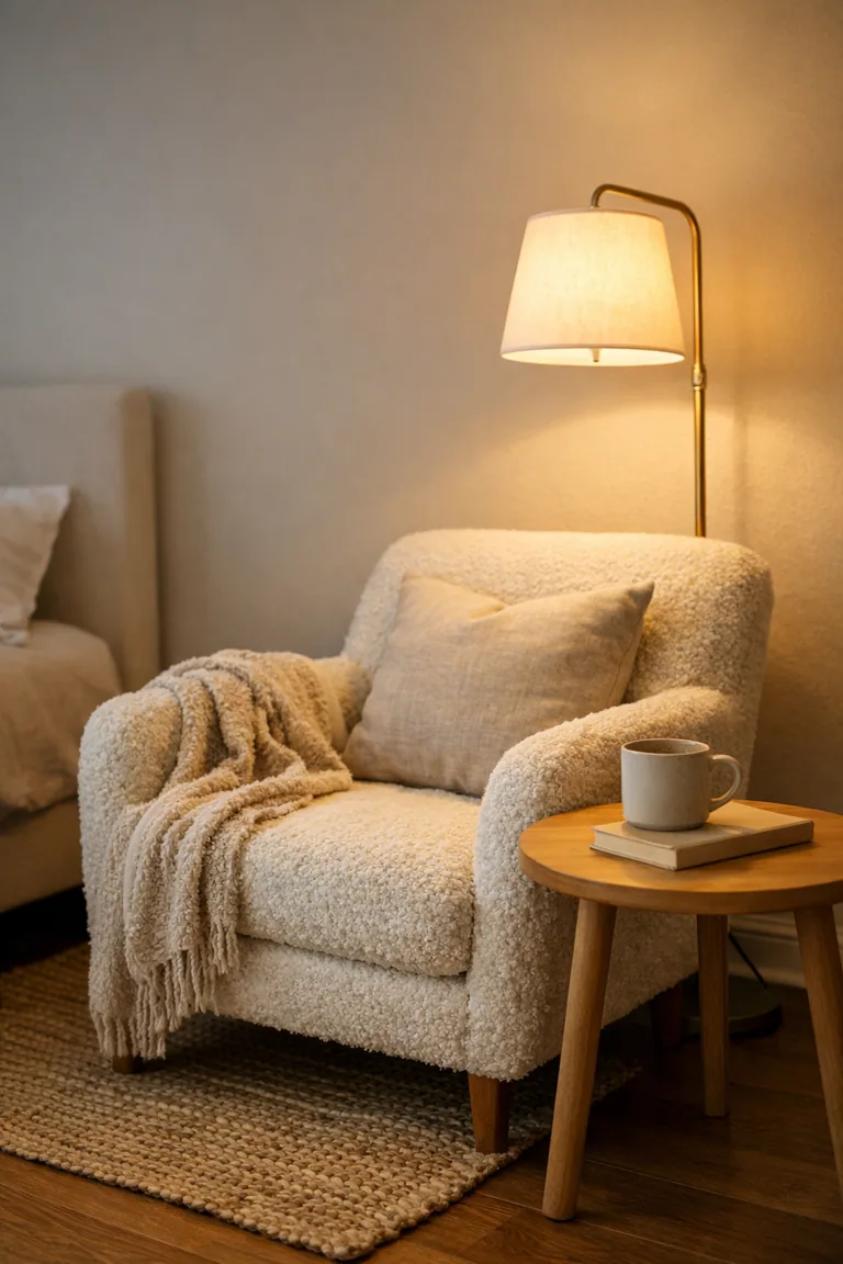 A cream boucle armchair with a beige throw sits beside a small oak side table under a brass floor lamp in a calm bedroom corner.