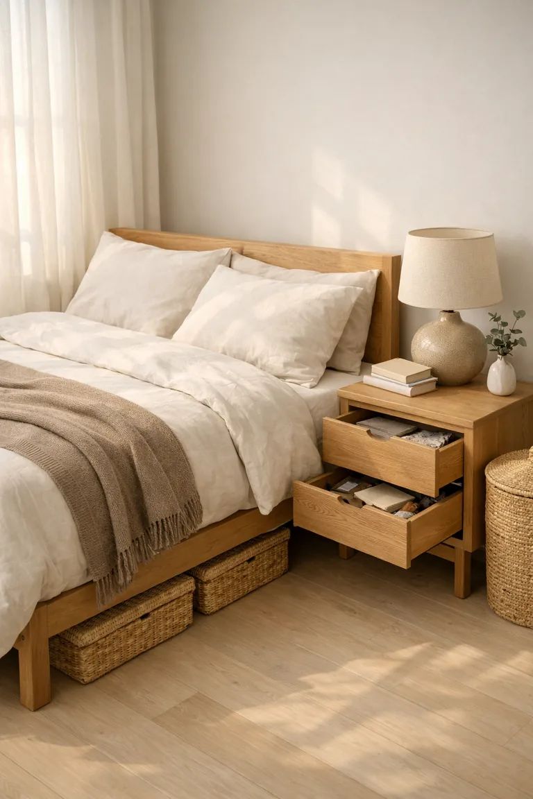 Neutral bedroom with a tidy bed, an oak nightstand with drawers, woven under-bed storage bins, and a lidded woven hamper near sheer curtains.
