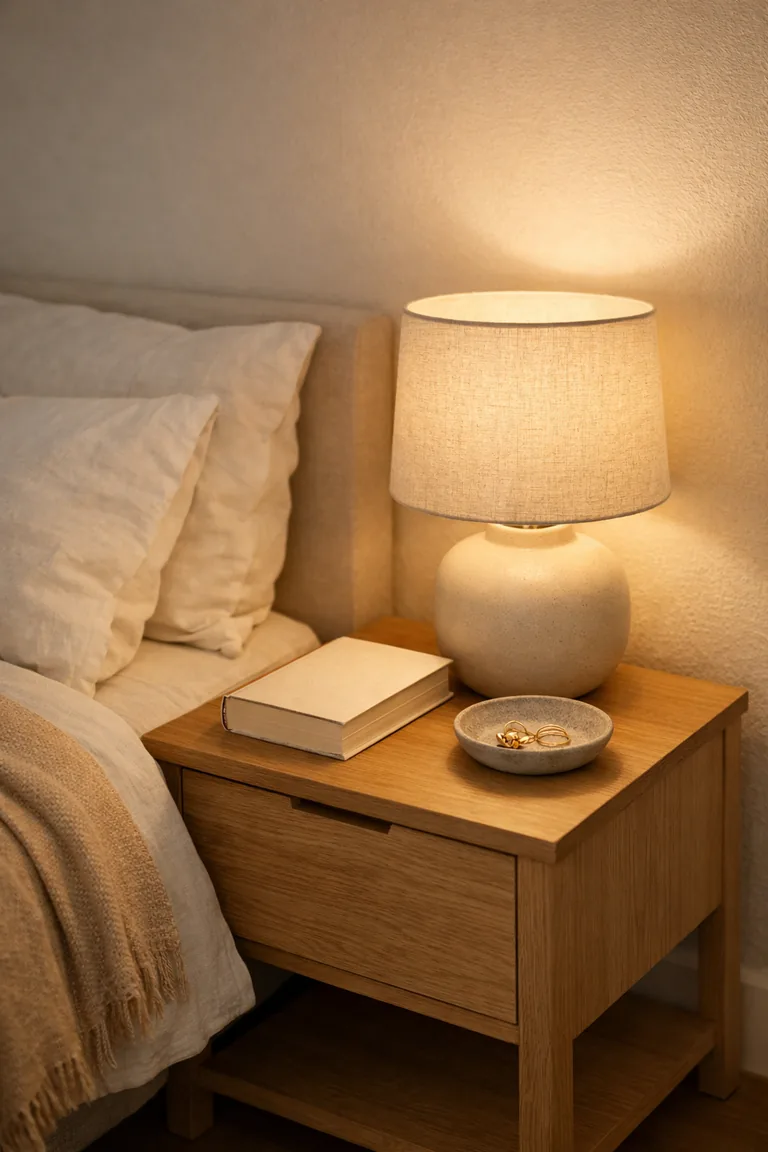 A light oak nightstand beside a bed, styled with a ceramic lamp, a closed book, and a small stone dish holding jewelry.