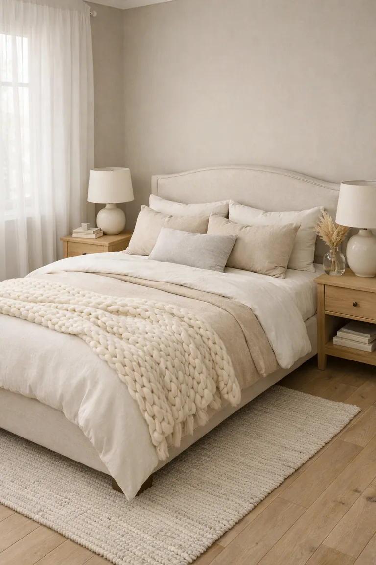 A neutral bedroom with a light beige upholstered bed, layered ivory and sand bedding, matching oak nightstands with ceramic lamps, and daylight filtering through sheer curtains.