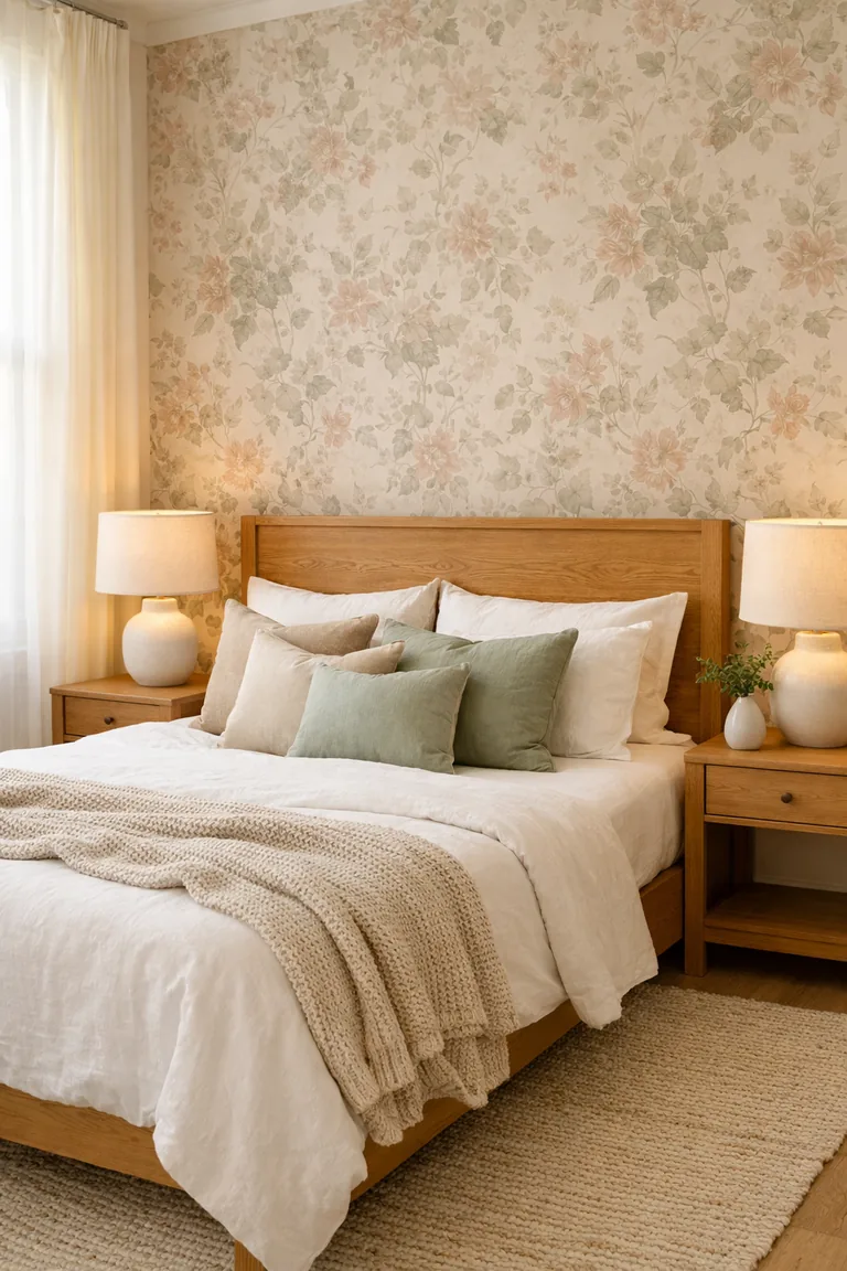 A cozy bedroom with a wood headboard centered against a muted floral wallpaper accent wall, white bedding with beige and sage pillows, matching nightstands with ceramic lamps, and soft daylight through sheer curtains.