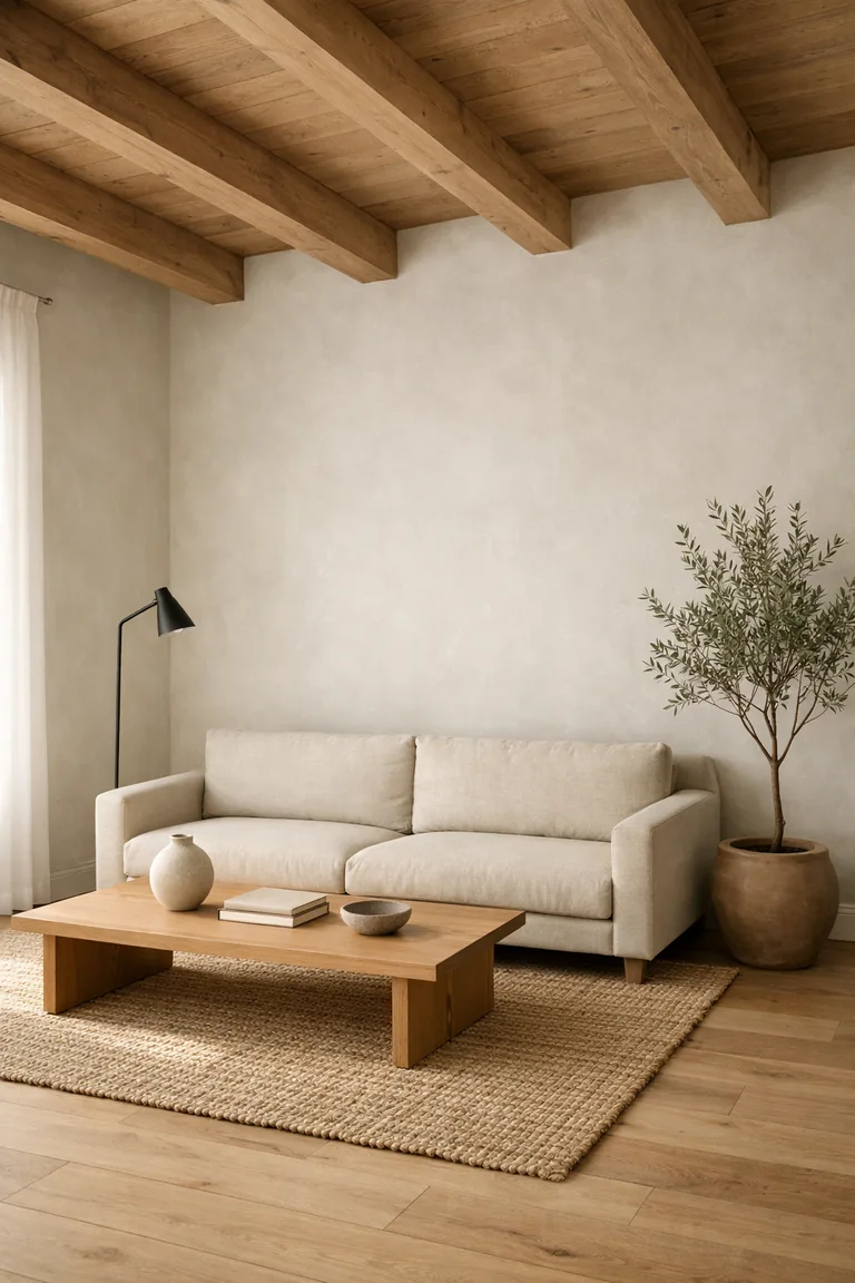 High-ceiling living room with exposed wooden beams, a low oatmeal linen sofa, a light oak coffee table on a jute rug, minimal decor, and soft daylight.