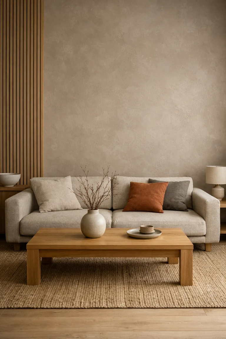Japandi living room with warm taupe textured plaster walls, an oatmeal linen sofa, an oak coffee table, a jute rug, and a ceramic vase with dried branches.
