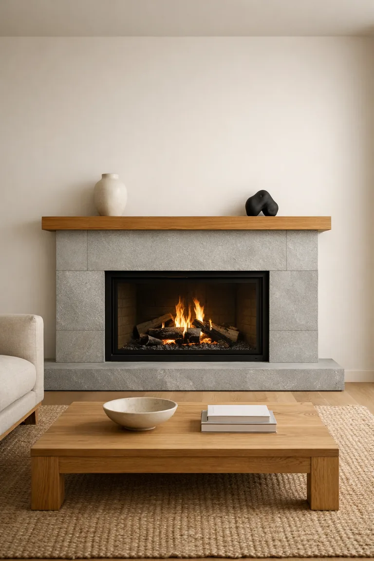 Minimalist fireplace with a light-gray stone surround and an oak mantel holding an off-white ceramic vase and a small black sculpture, with a neutral sofa, oak coffee table, and jute rug nearby.