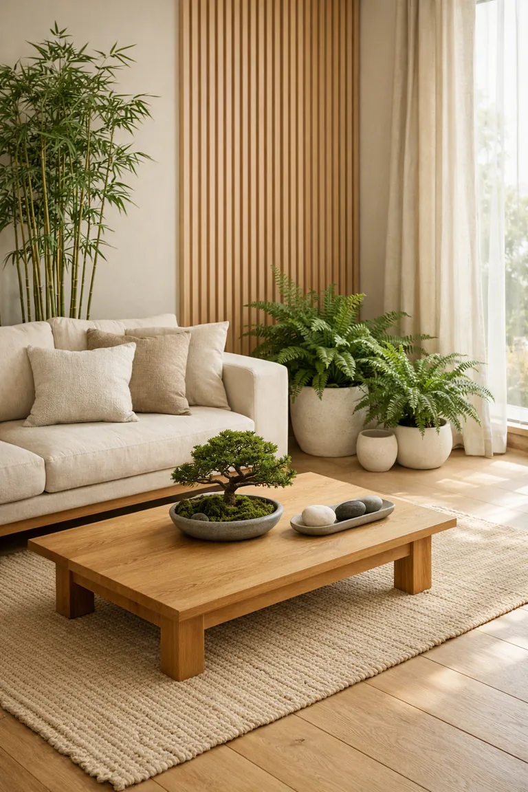 A Japandi living room with a cream linen sofa, low oak coffee table, jute rug, and bamboo, ferns, and a small bonsai in stone and ceramic planters lit by soft daylight.