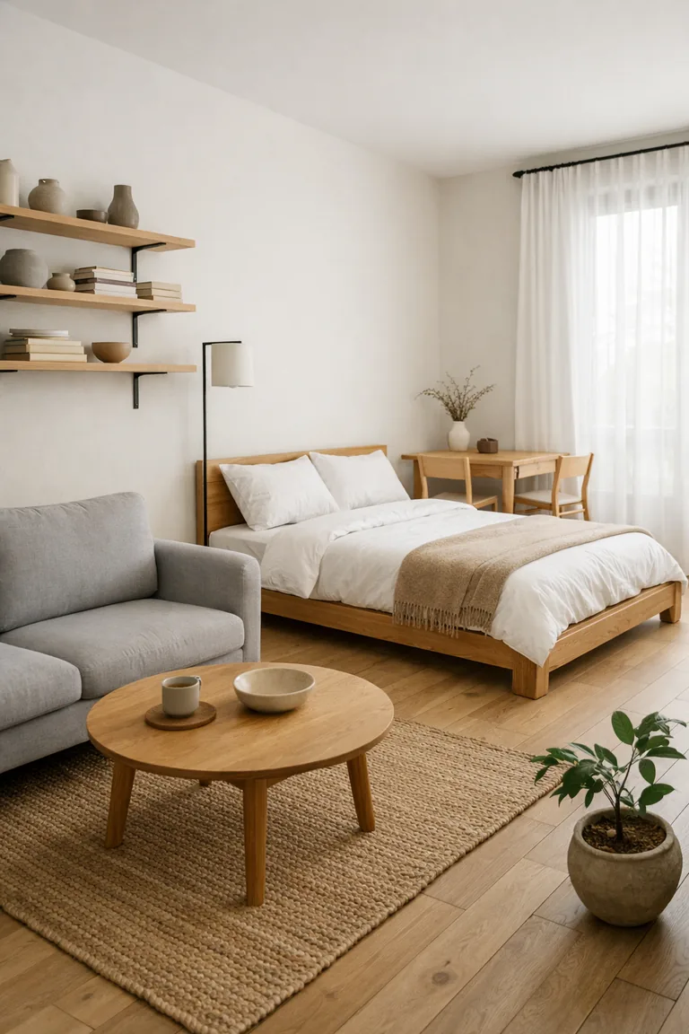 A photorealistic Japandi studio with a low oak bed, light-gray sofa, open wood shelving, small dining table, pale wood floors, and a large window with sheer curtains.