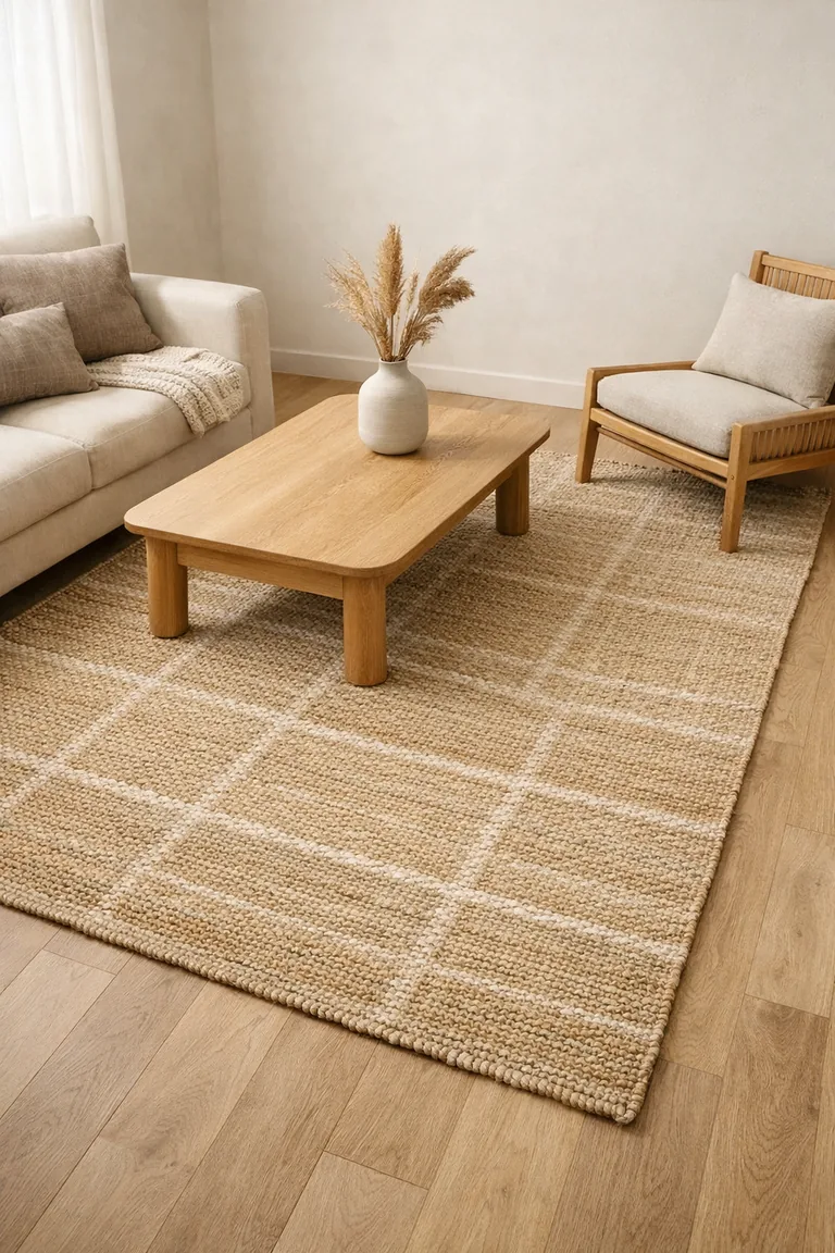 A Japandi living room with a woven jute rug featuring a subtle geometric pattern under a low light-oak coffee table, with a neutral linen sofa and a wood slatted chair.