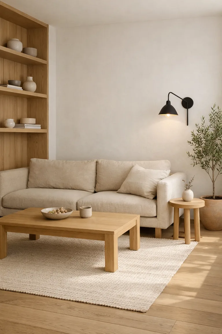 A neutral living room with a beige linen sofa, light oak coffee table, light oak side table, and light oak open shelving styled with simple ceramics on white plaster walls.
