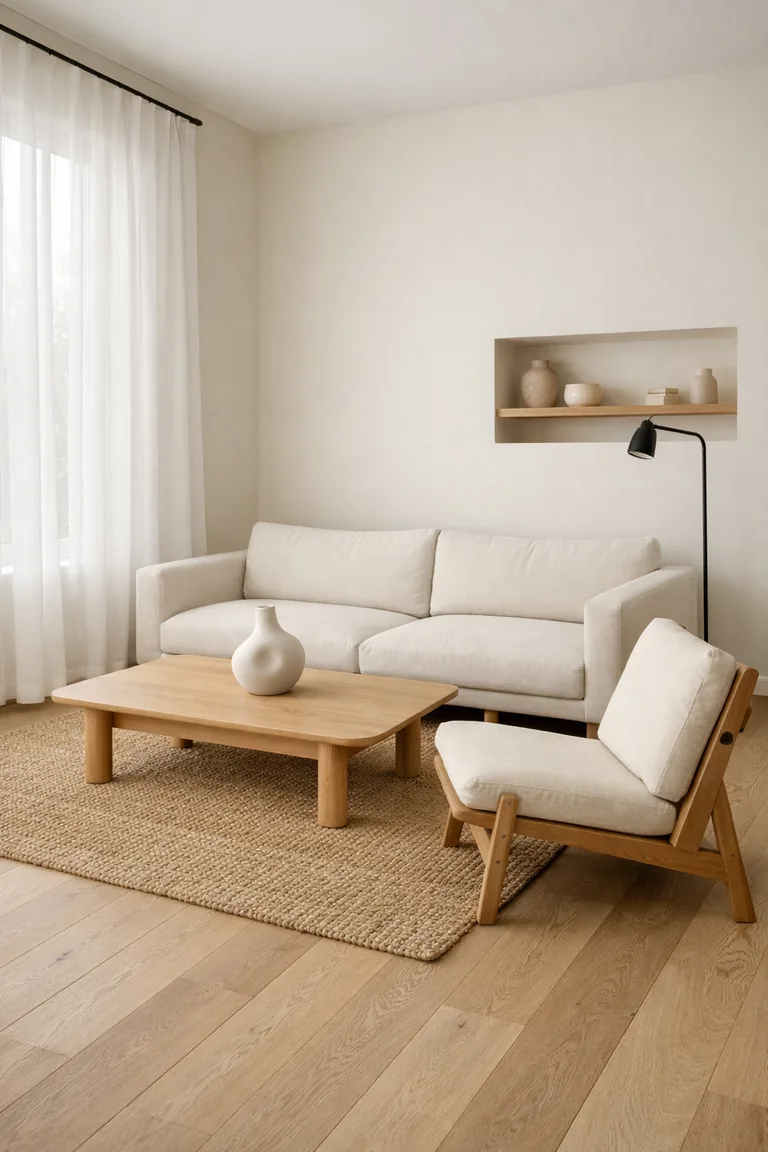 Photorealistic living room with light oak floors, warm white walls, an off-white linen sofa, a light wood coffee table on a jute rug, a wood lounge chair, a black floor lamp, and sheer curtains by a left-side window.