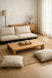 Low light-oak coffee table on a jute rug with linen floor cushions and a beige futon-style sofa in a neutral Japandi living room.
