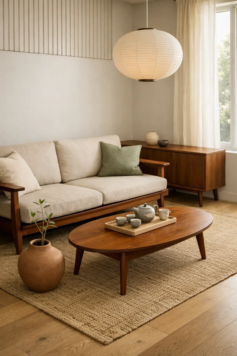 A warm, minimal living room with a walnut sofa on a jute rug, an oval wood coffee table holding a ceramic tea set, and a sculptural planter, lit by soft daylight through sheer curtains.